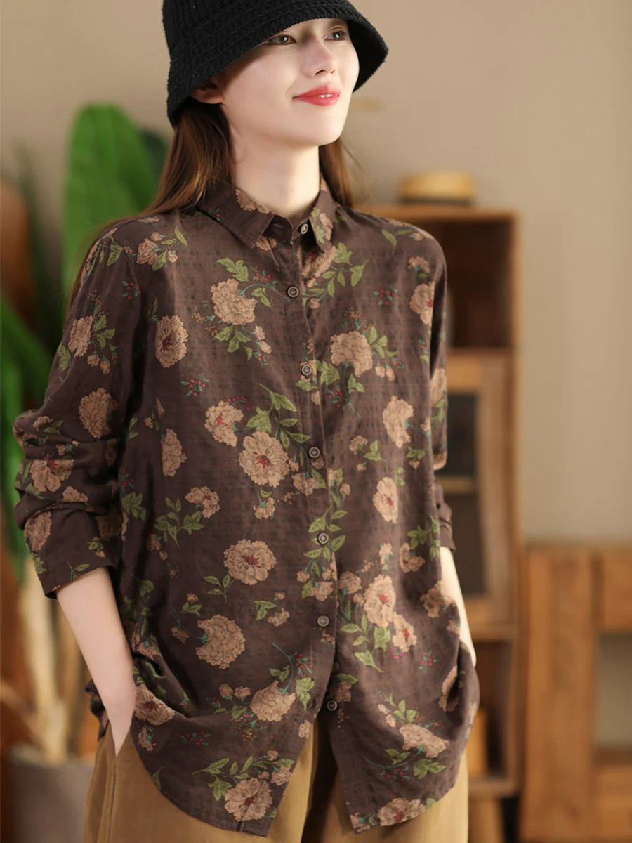 Women Autumn Vintage Flower Button-up Shirt