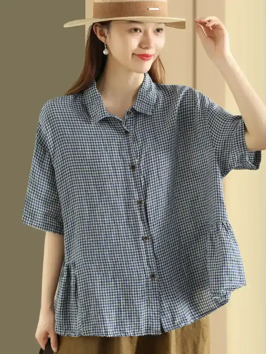 Summer Casual Plaid Button Cardigan Linen Shirt