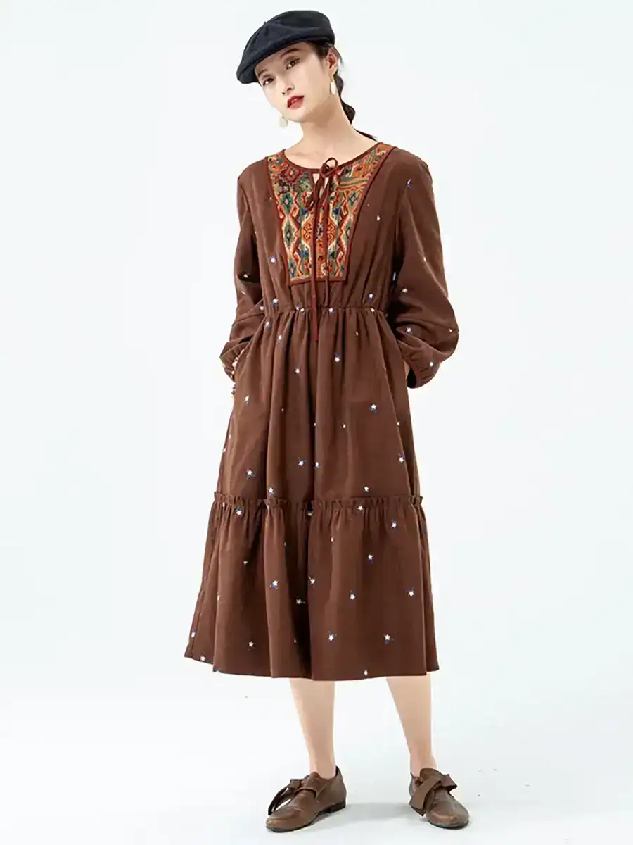 PLUS Size - Vintage Pocket Geometric Lace-up Midi Dress