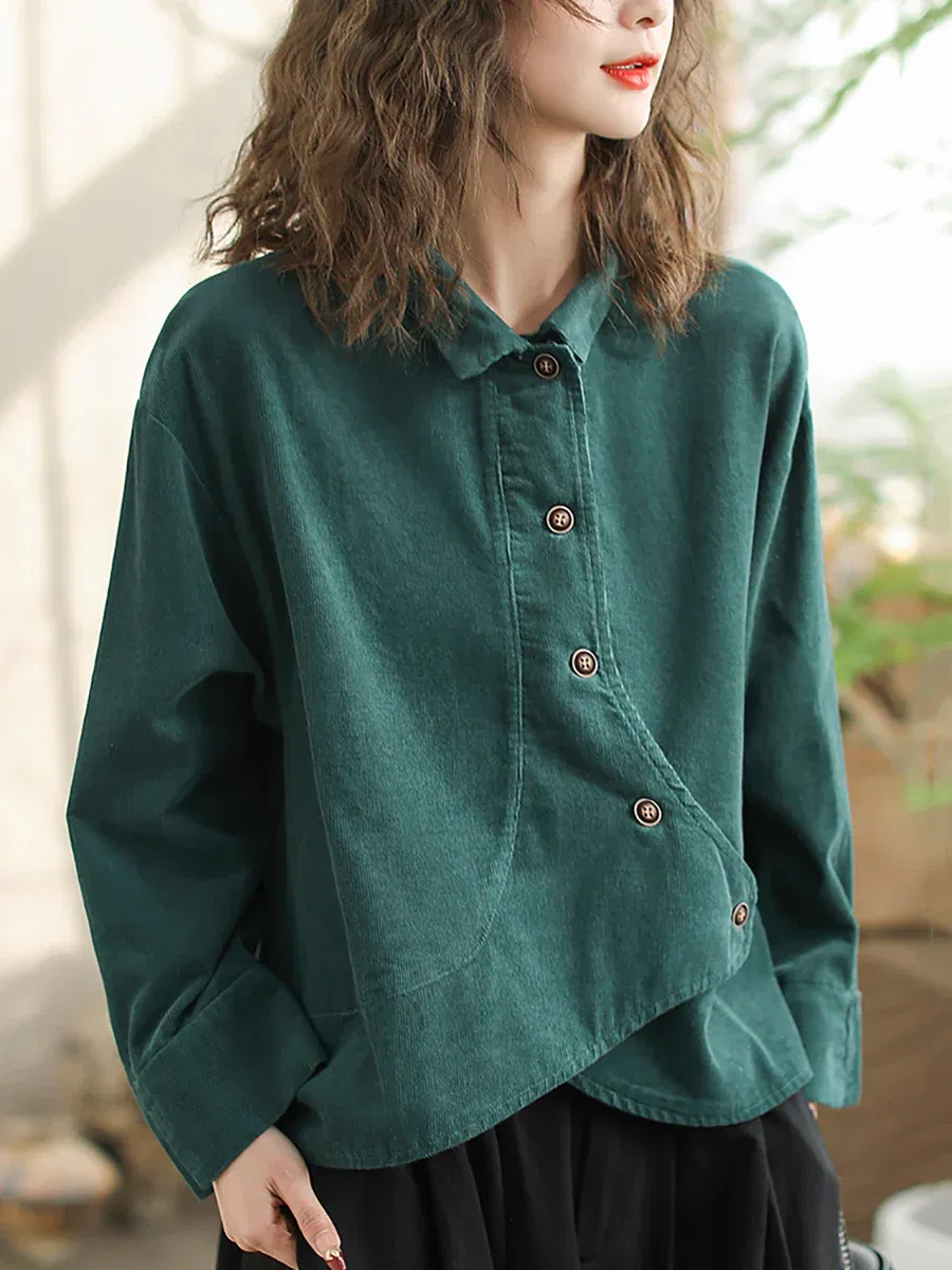 Vintage Spring Slant-Closure Cotton Solid Shirt