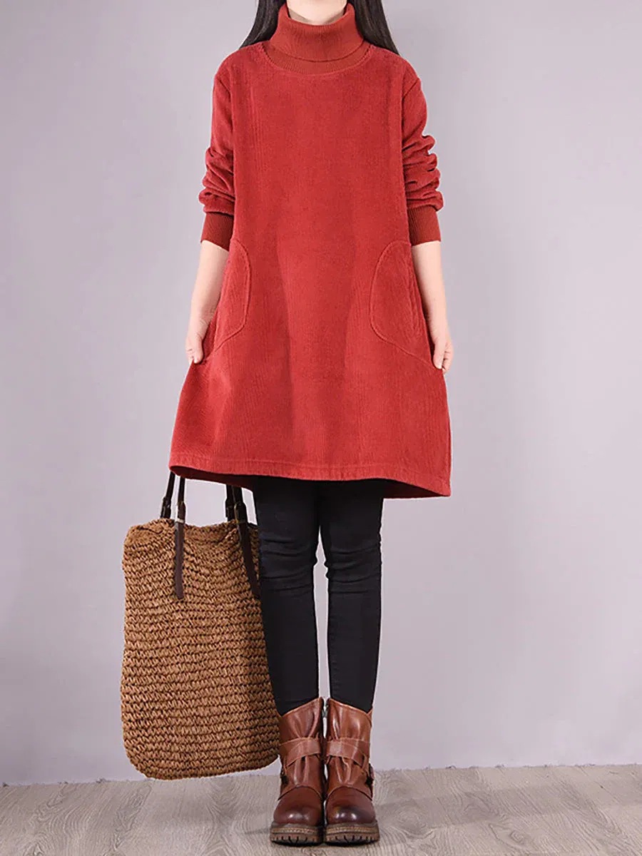 Solid Color Fleece-lined Corduroy Dress