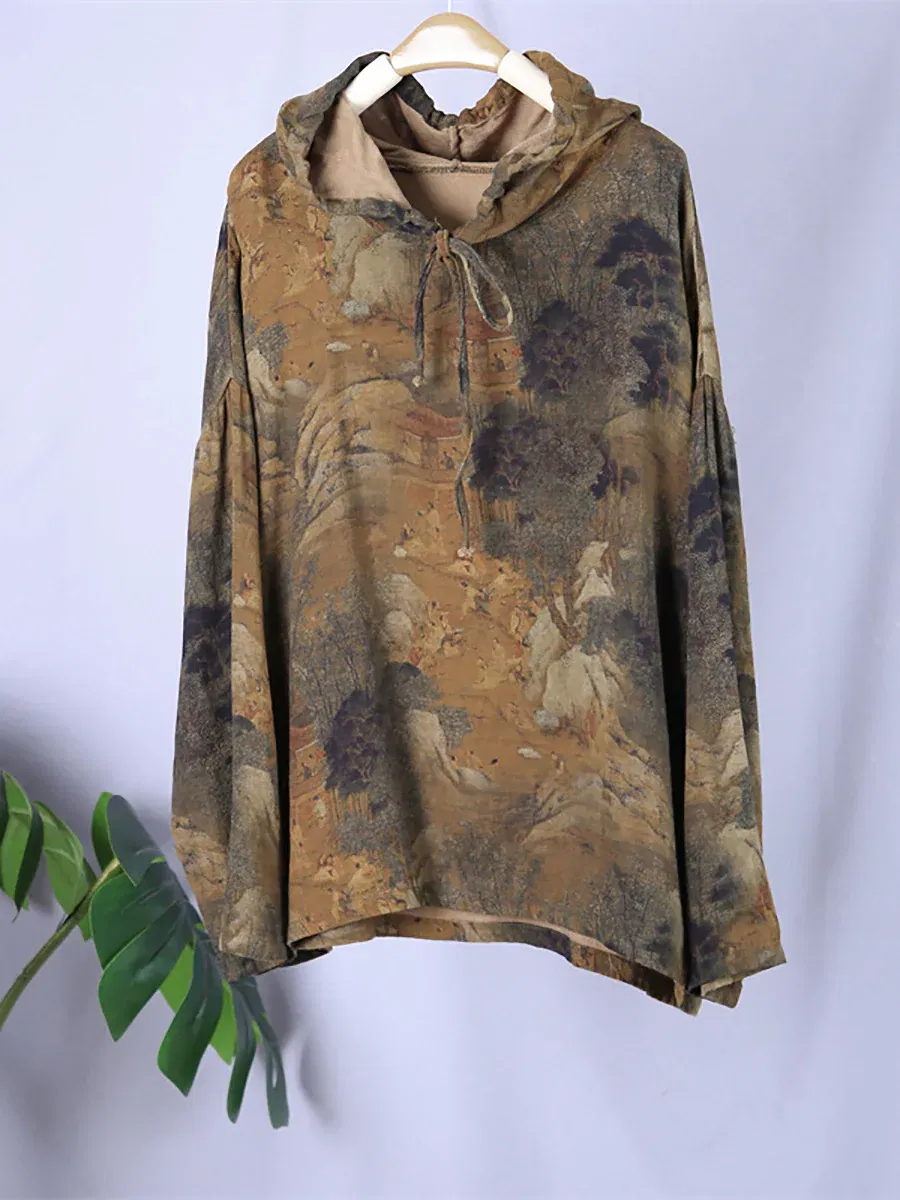 Women Vintage Print Hooded Sweatshirt