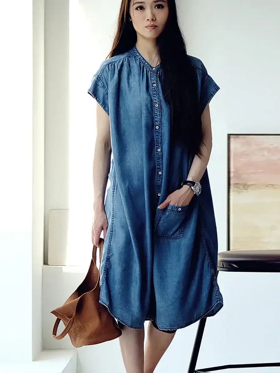 Plus Size Summer Casual Solid Blue Denim Dress