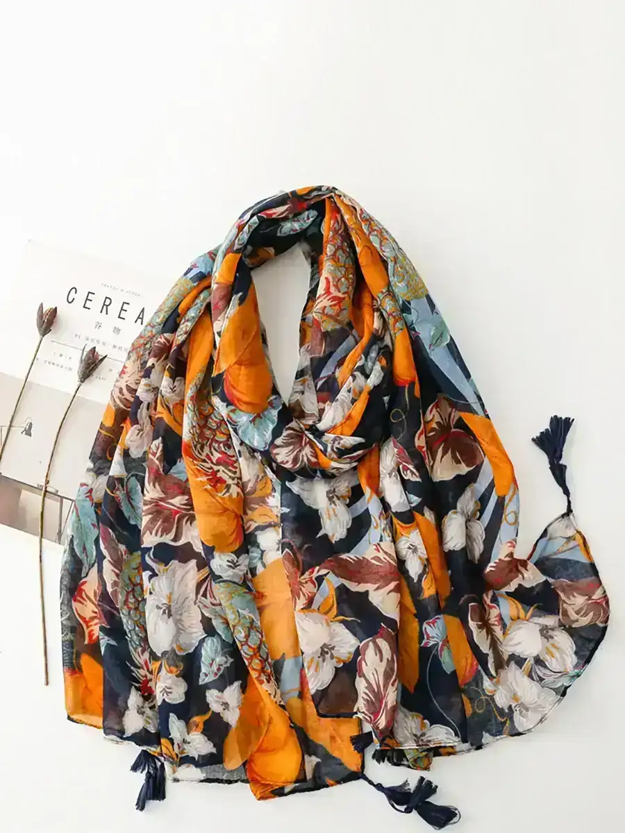 Women Artsy Flower Print Tassel Travel Shawl Scarf