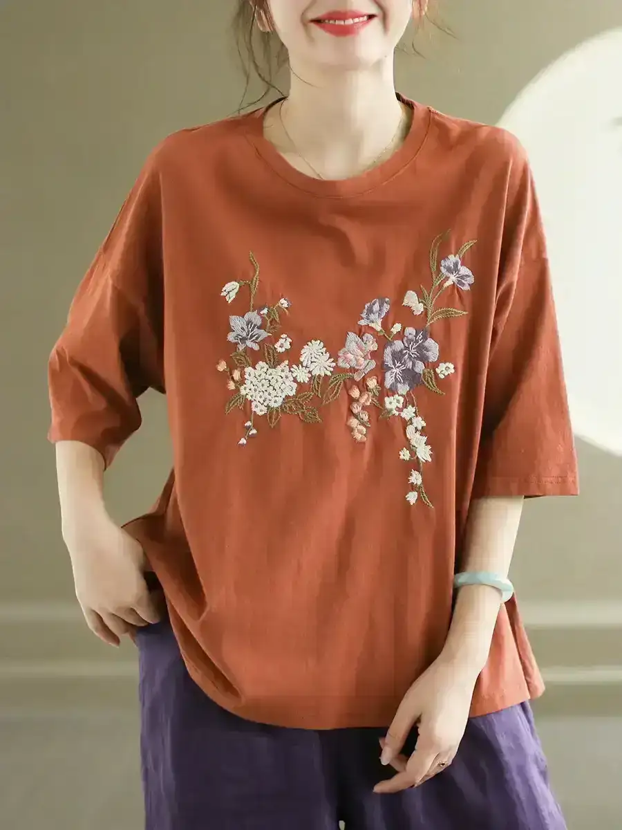 Flower Embroidery Cotton O-Neck Shirt