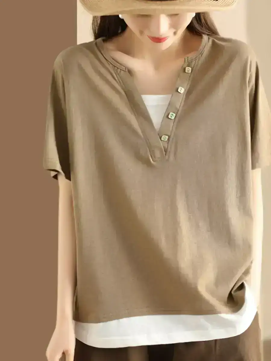 Casual Colorblock Pullover V-Neck Cotton Shirt