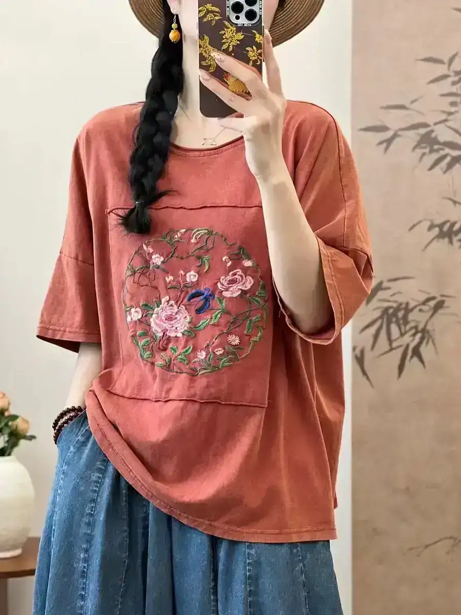 Artsy Flower Embroidery Cotton Spliced Shirt