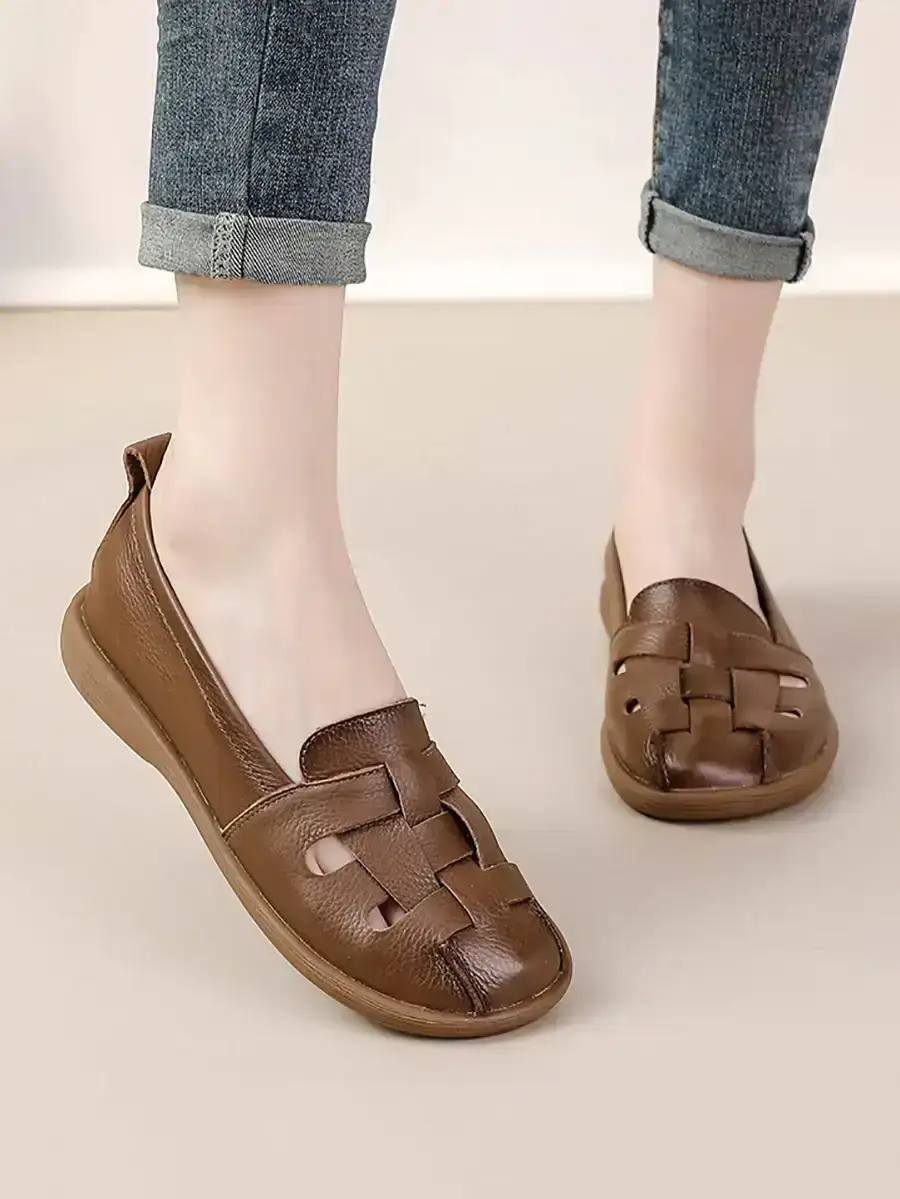Vintage Leather Soft Weave Flat Shoes