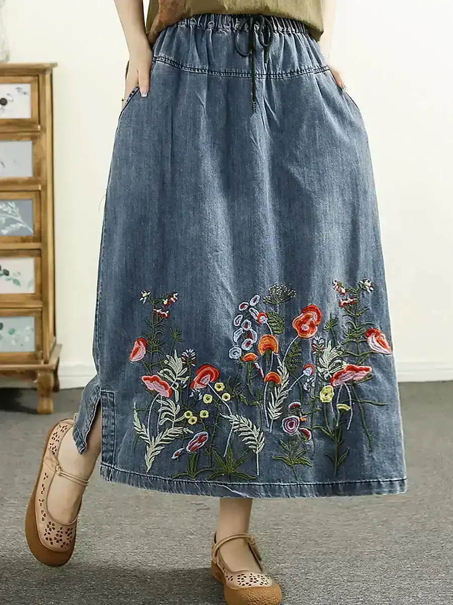 Women Artsy Embroidery Denim A-Shape Skirt