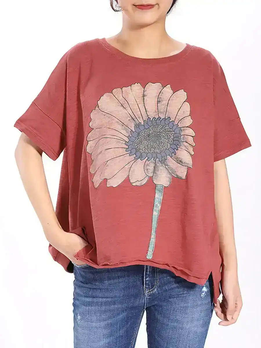 Plus Size Short Sleeve Sunflower Printed T-shirt