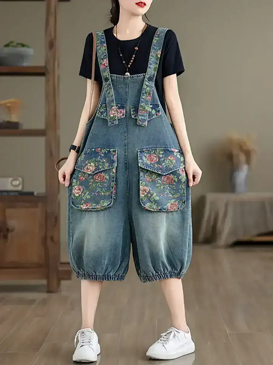 Summer Retro Flower Spliced Denim Jumpsuits