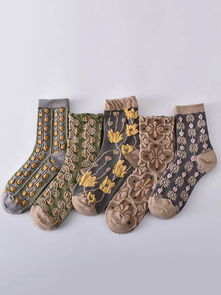 5 Pairs Autumn Vintage Flower Jacquard Socks