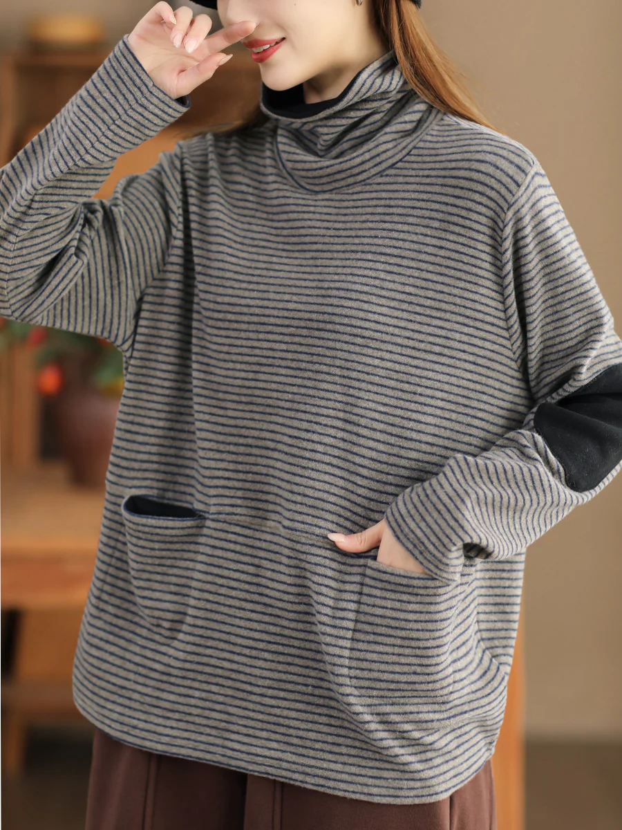 Plus Size Women Stripe Turtleneck Sweatshirt