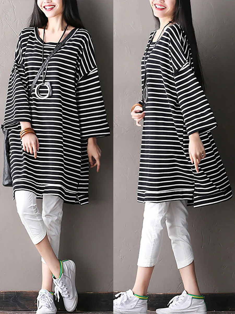 Plus Size Loose Striped Cotton Irregular T-shirt