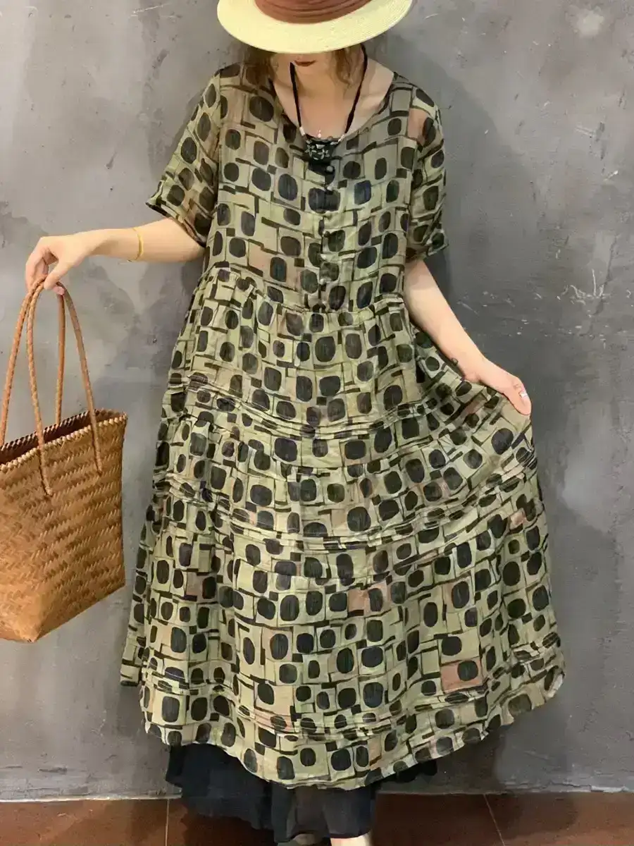 Women Summer Vintage Floral Spliced Ramie Dress