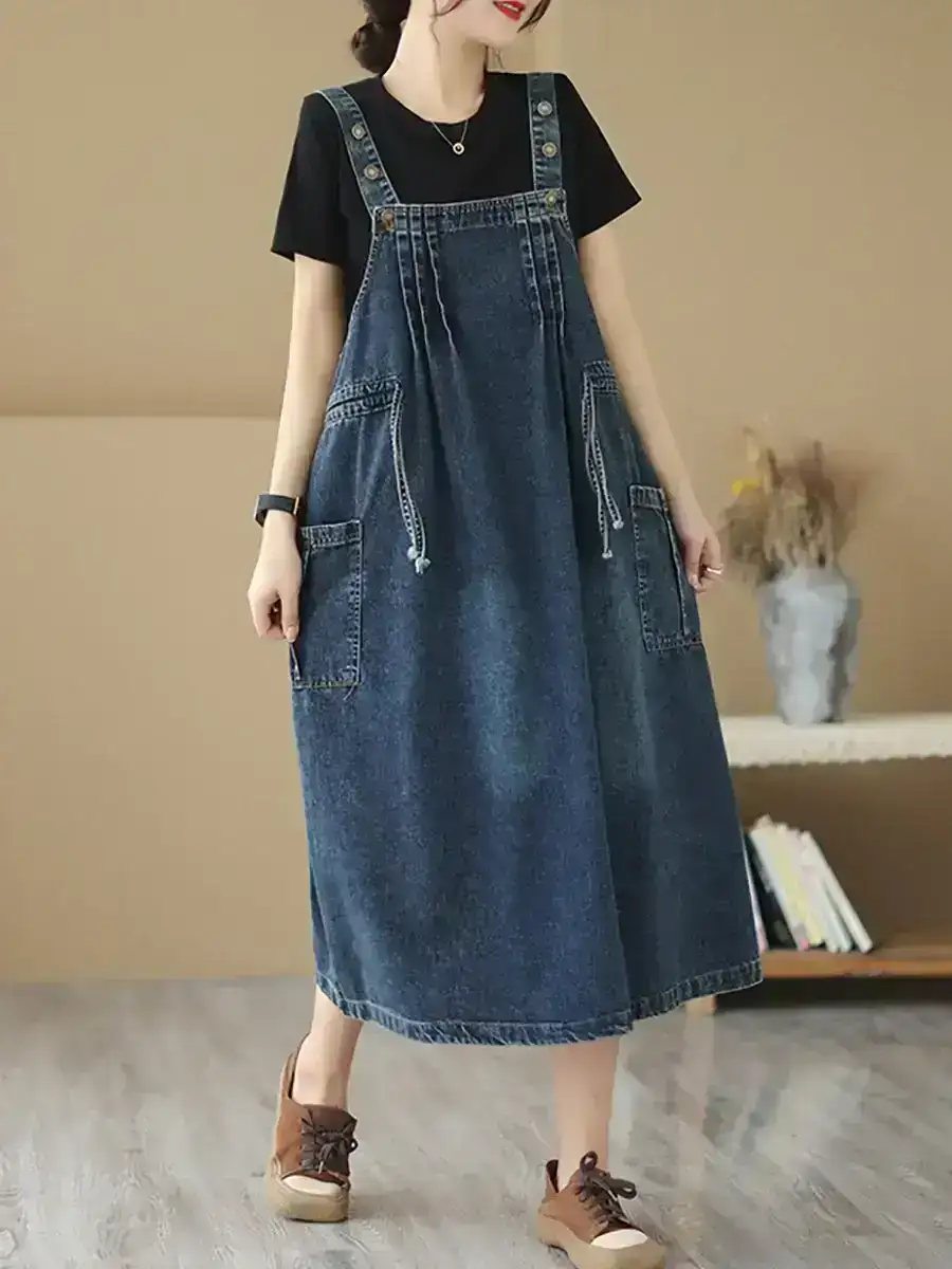 Women Summer Pleat Pocket Denim Dress