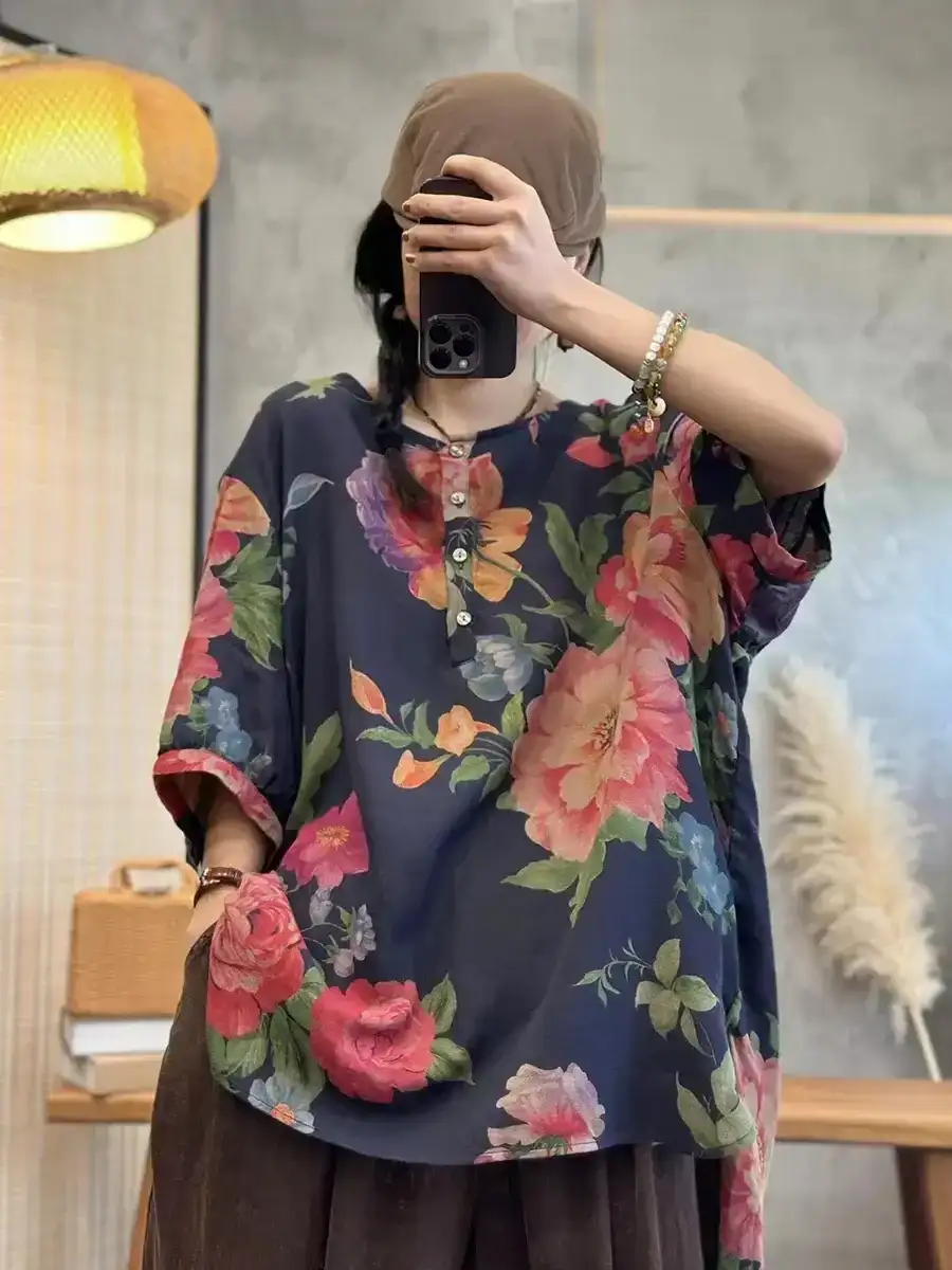 Summer Casual Flower Button Loose Pullover Shirt