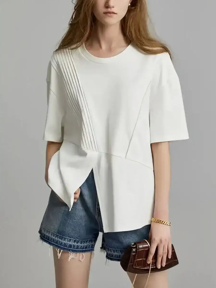 Summer Casual Split Hem Pleat Spliced Solid Shirt