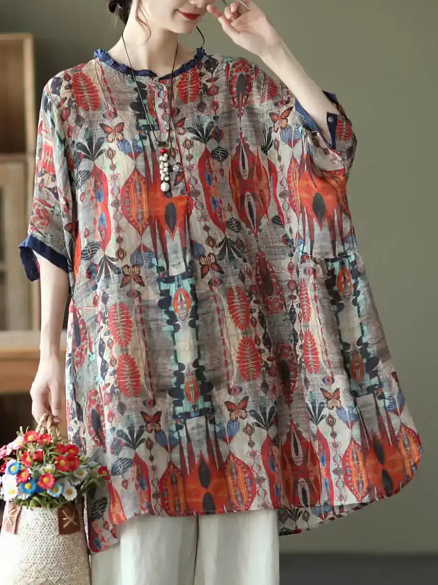 Ramie Floral Vintage Women Print Casual Shirt