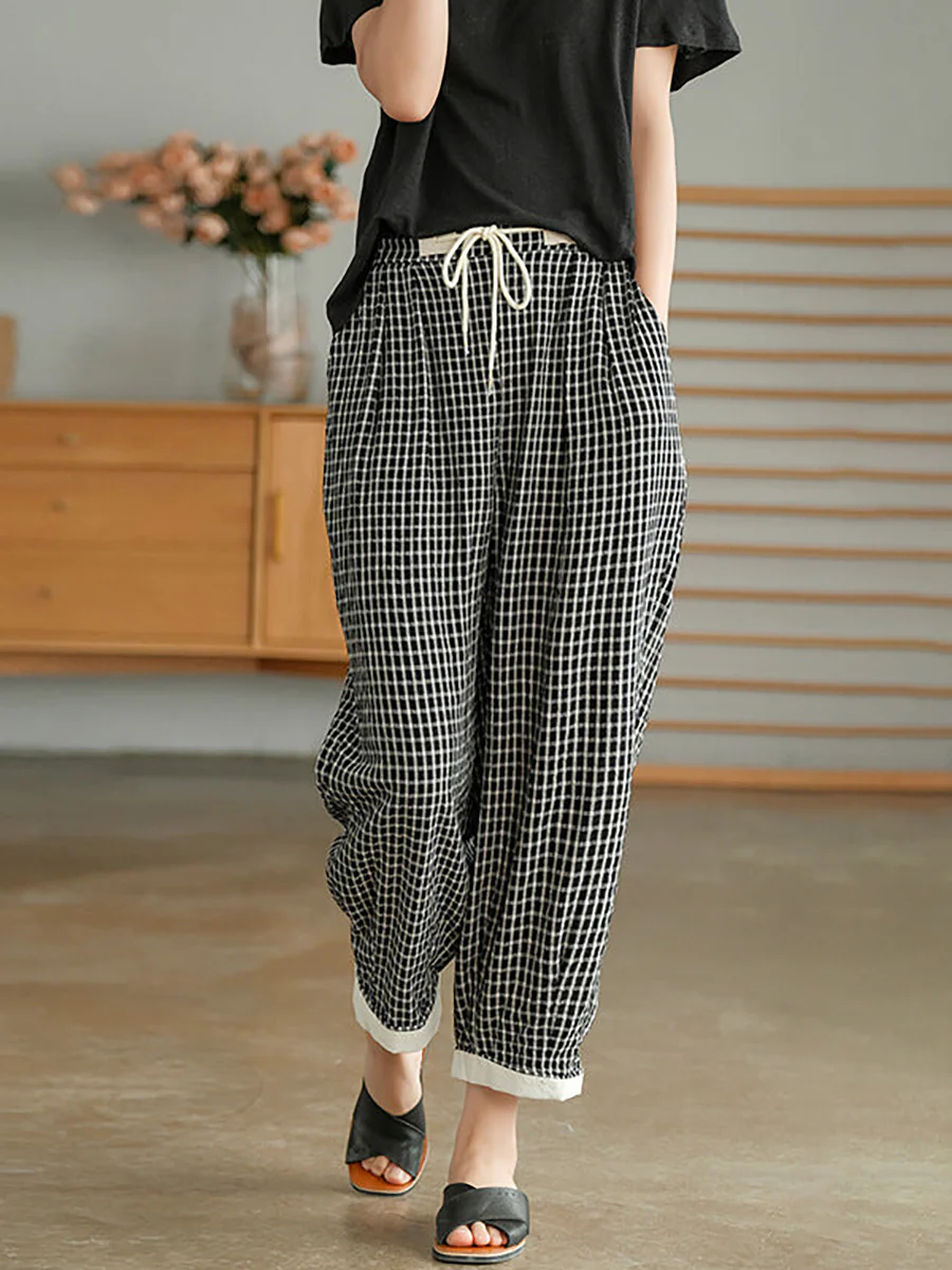 Women Plaid Drawstring Pocket Casual Pants