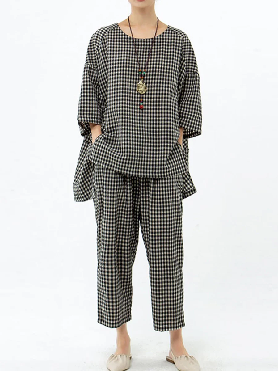  Cotton Linen Plaid Retro Blouse And Pants