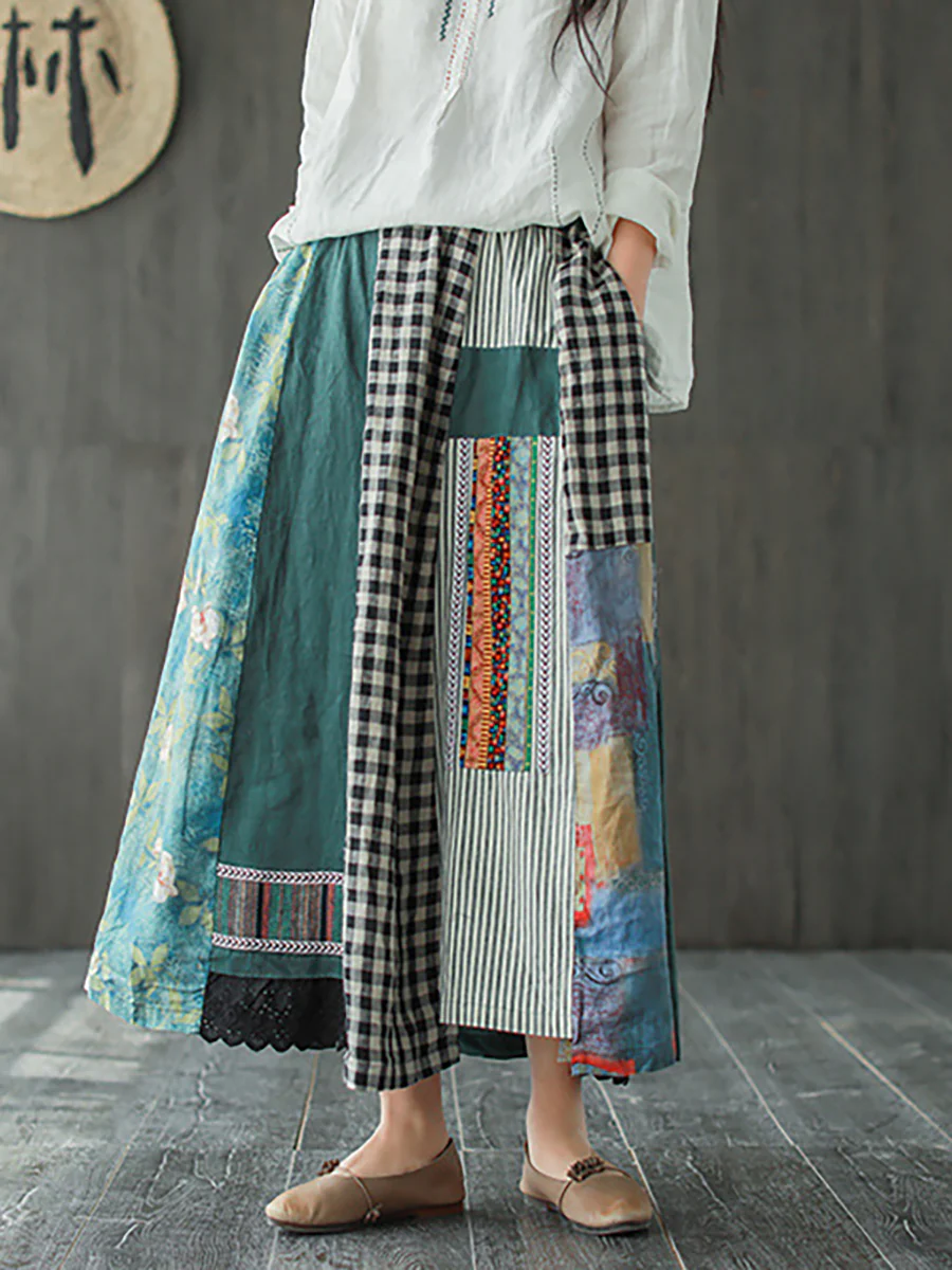  Print Spliced Casual 100% Linen A-line Skirt