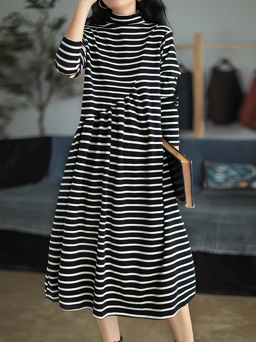  Autumn Stripe Turtleneck Cotton Dress