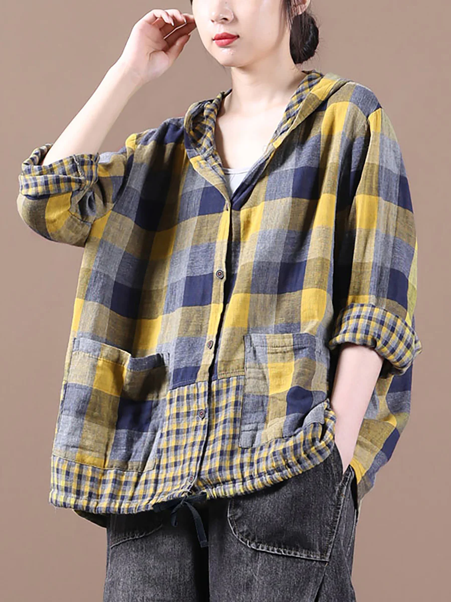 Stitching Drawstring Cotton Linen Hooded Blouse Shirt