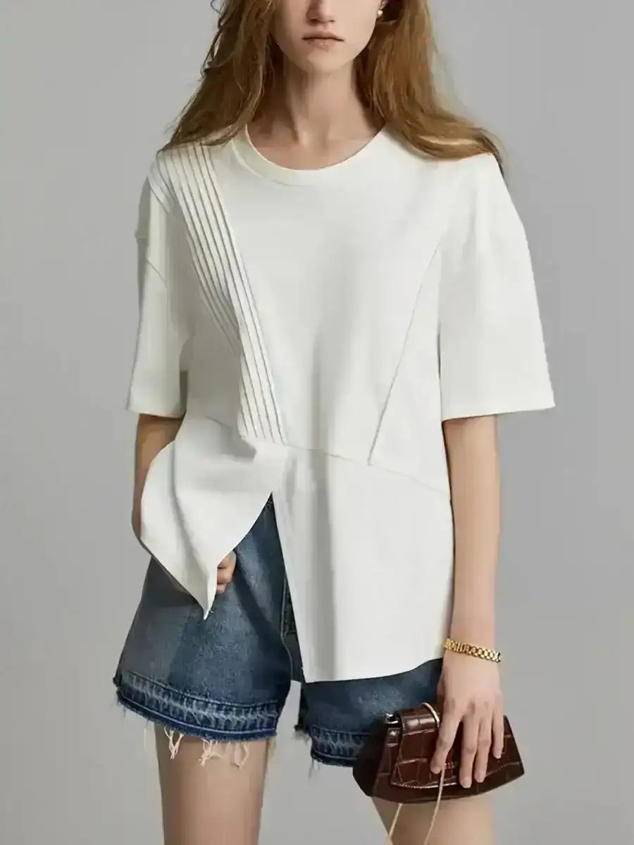 Plus Size Split Hem Pleat Spliced Solid Shirt