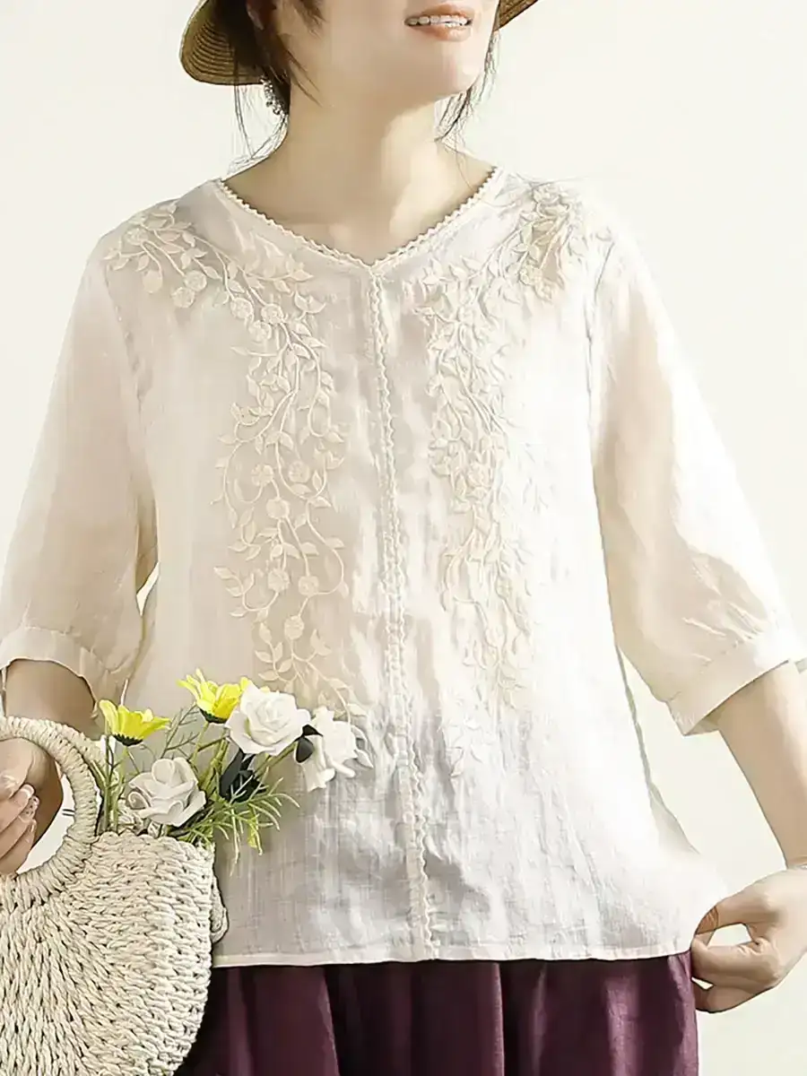 Summer Artsy Embroidery V-Neck Ramie Shirt