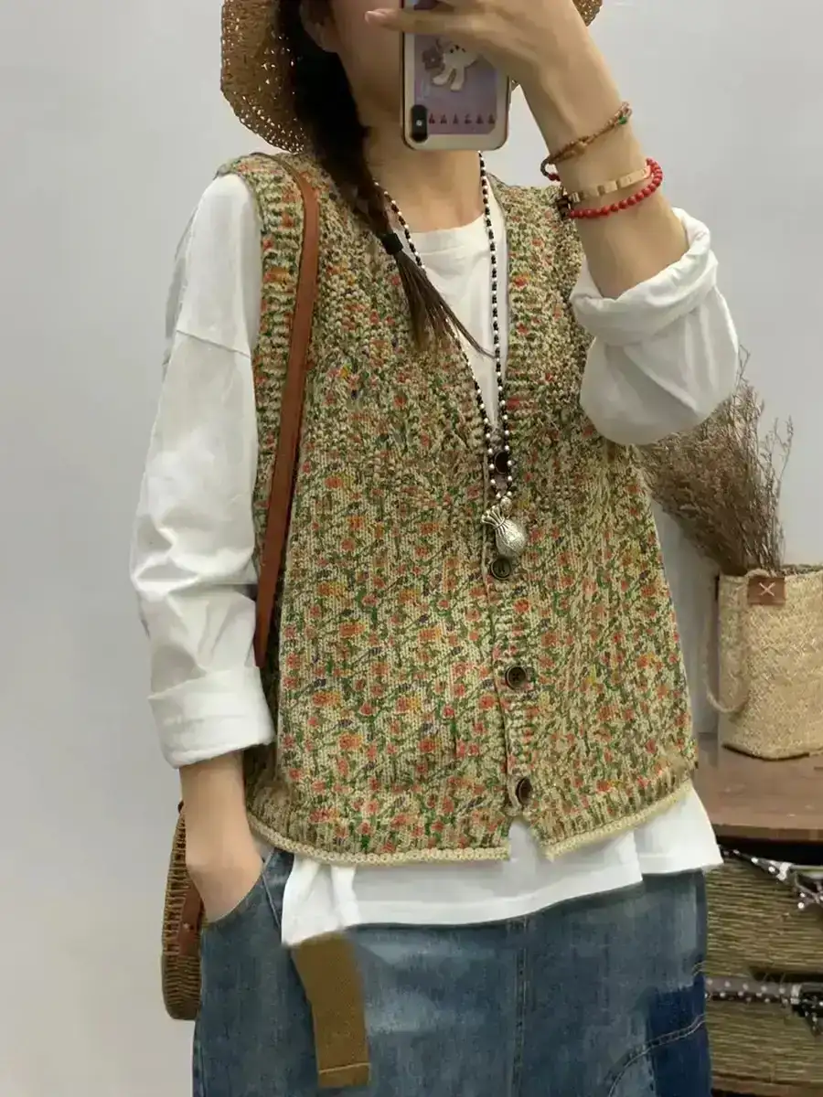 Women Spring Floral Artsy V-Neck Knitted Vest