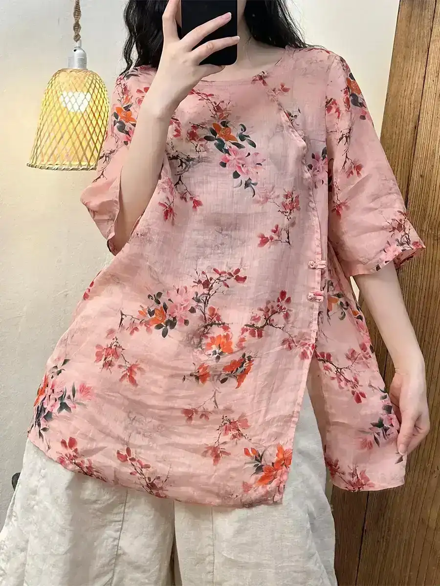 Summer Vintage Flower Split Hem Ramie Shirt