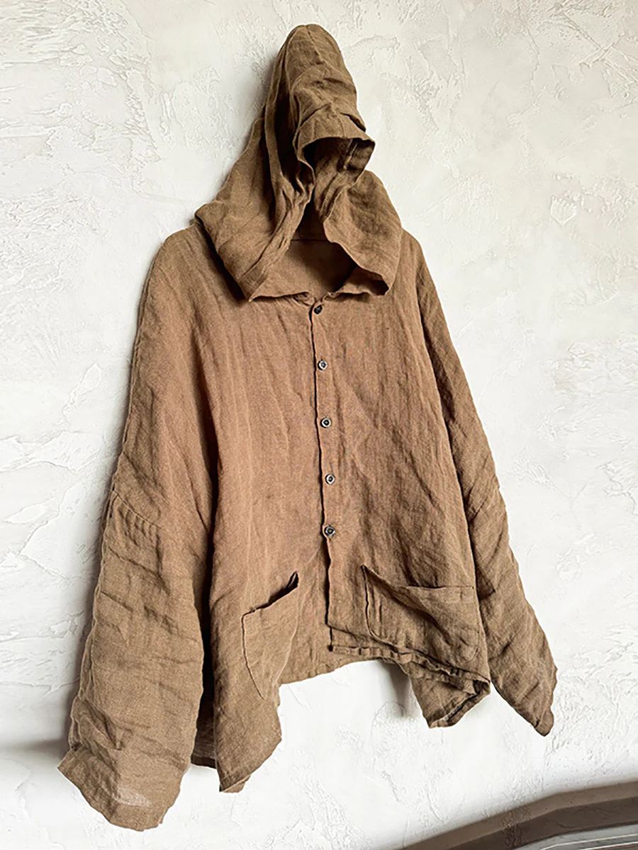 Vintage Linen Solid Button-up Hooded Shirt