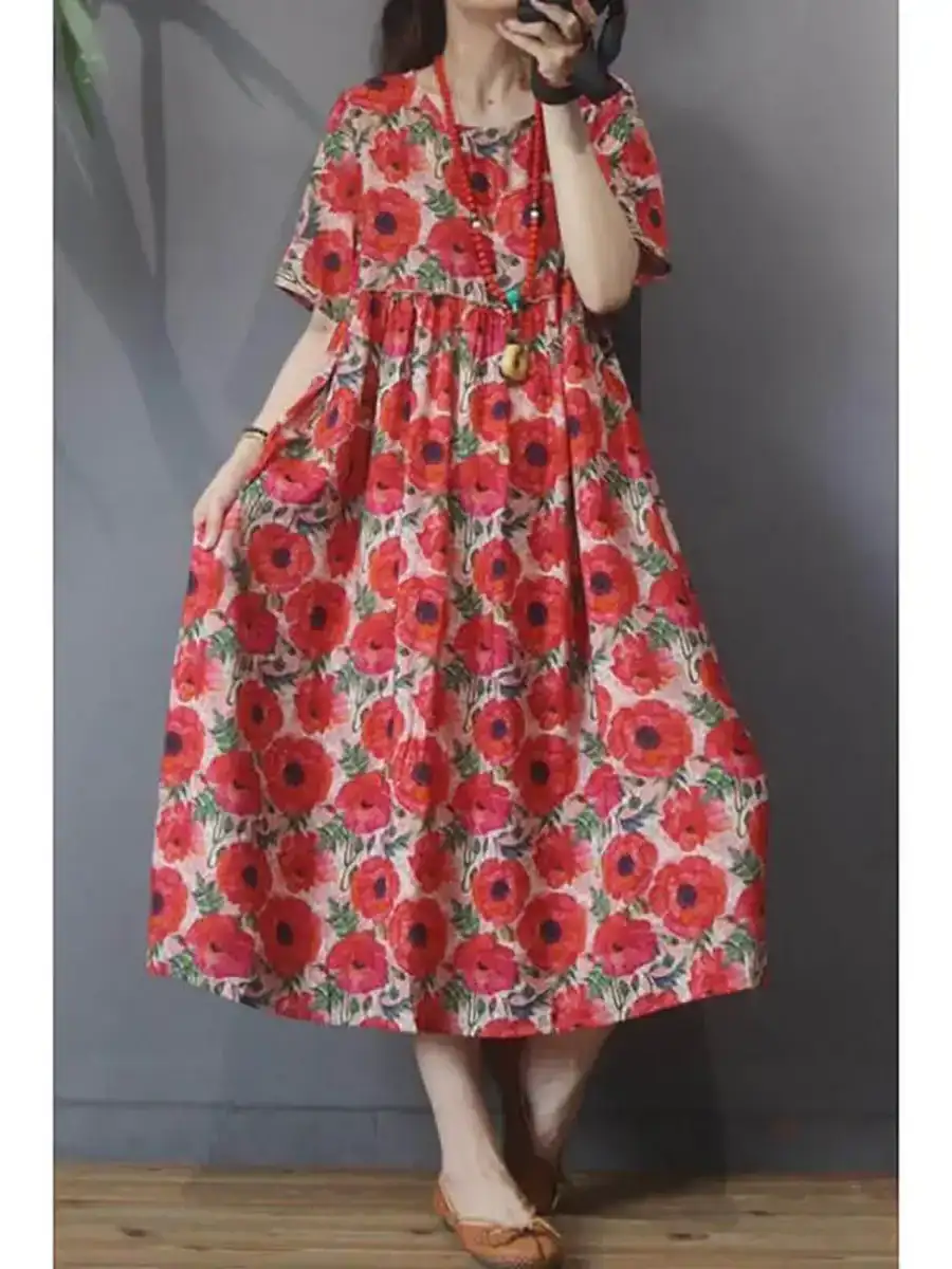 Plus Size - Women Floral Vintage Casual Dress