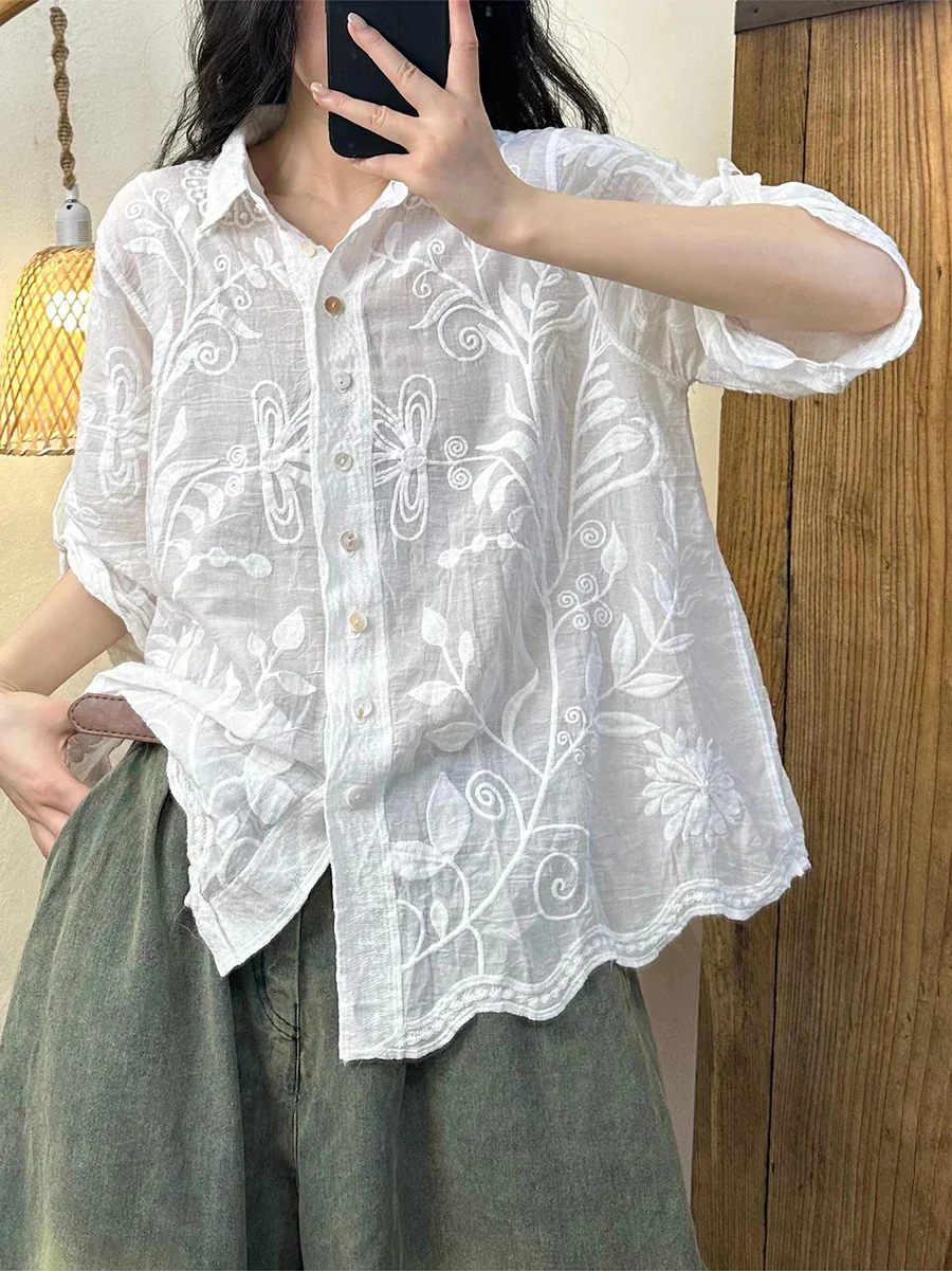 Flower Embroidery Turn-down Collar Cotton Shirt