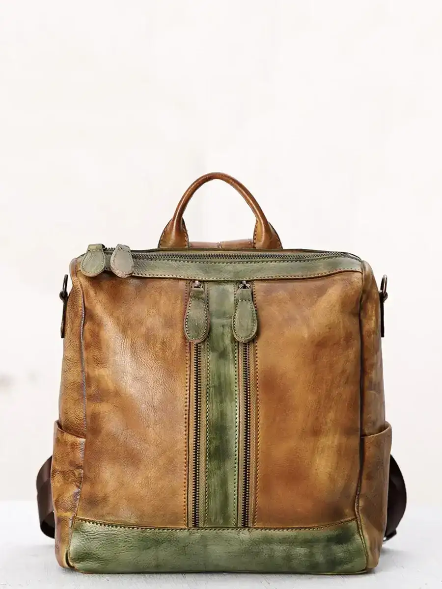 Casual Travel Color Matching Leather Backpack