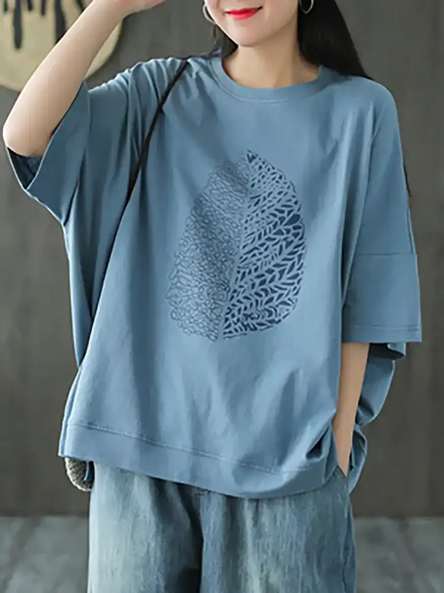 Plus Size - Leaf Printed Summer Cotton T-shirt