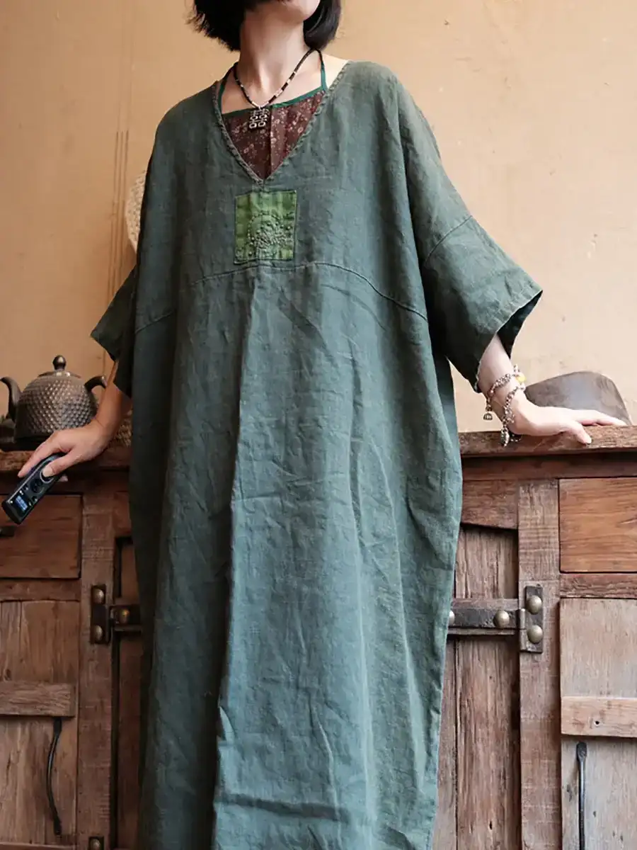 Summer Vintage Spliced V-Neck 100%Linen Dress