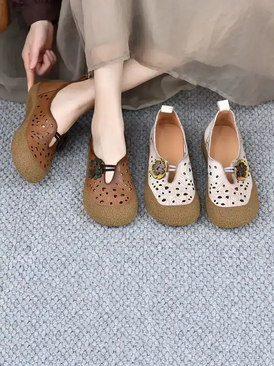 Leather Cutout Flower Flat Shoes