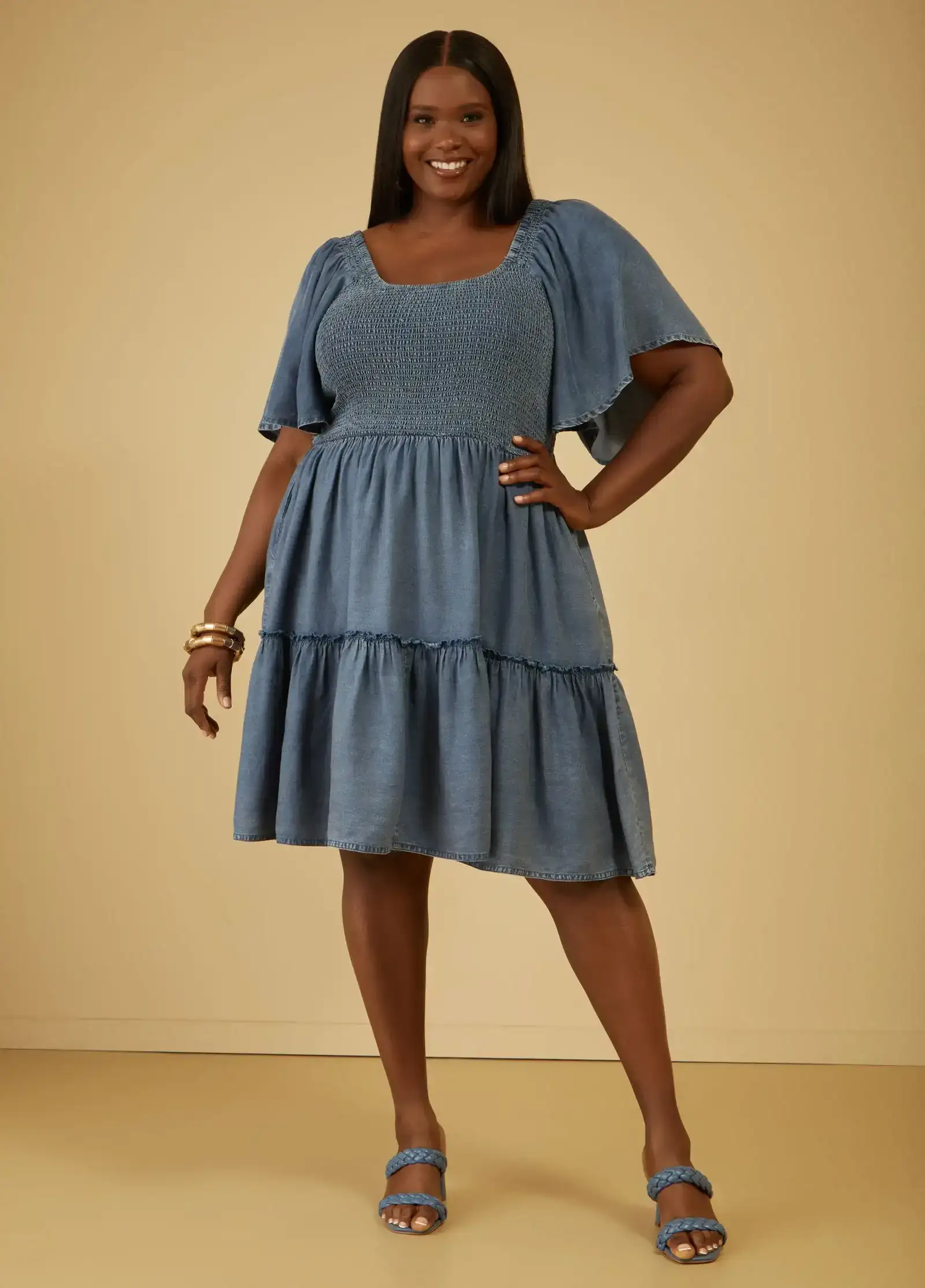 Shirred Chambray Babydoll Dress