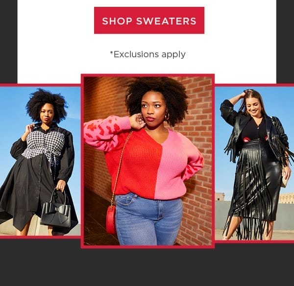 Online only. Long weekend sale. 60% off sweaters. Exclusions apply. Shop now