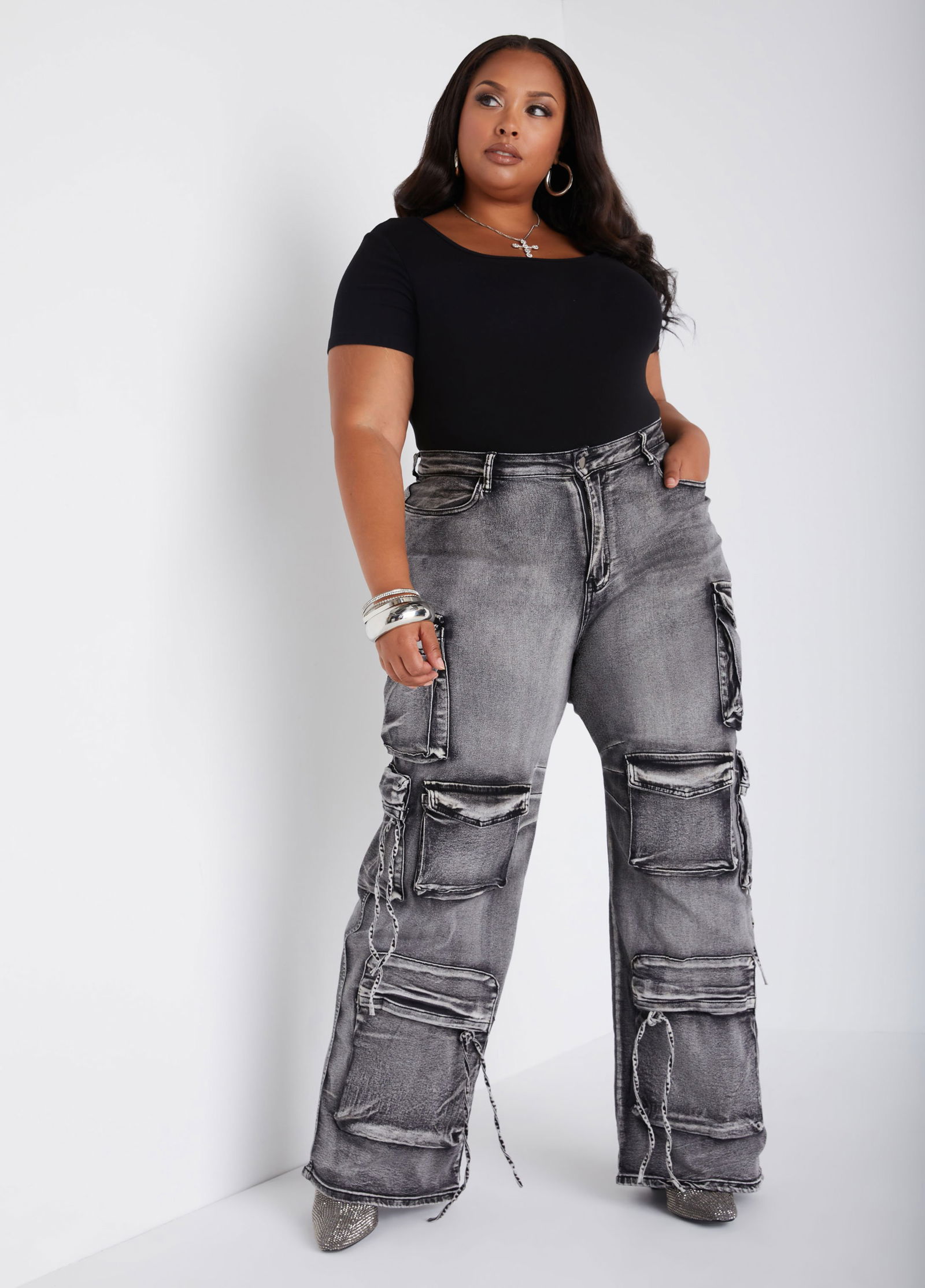 Whiskered Wide Leg Cargo Jeans