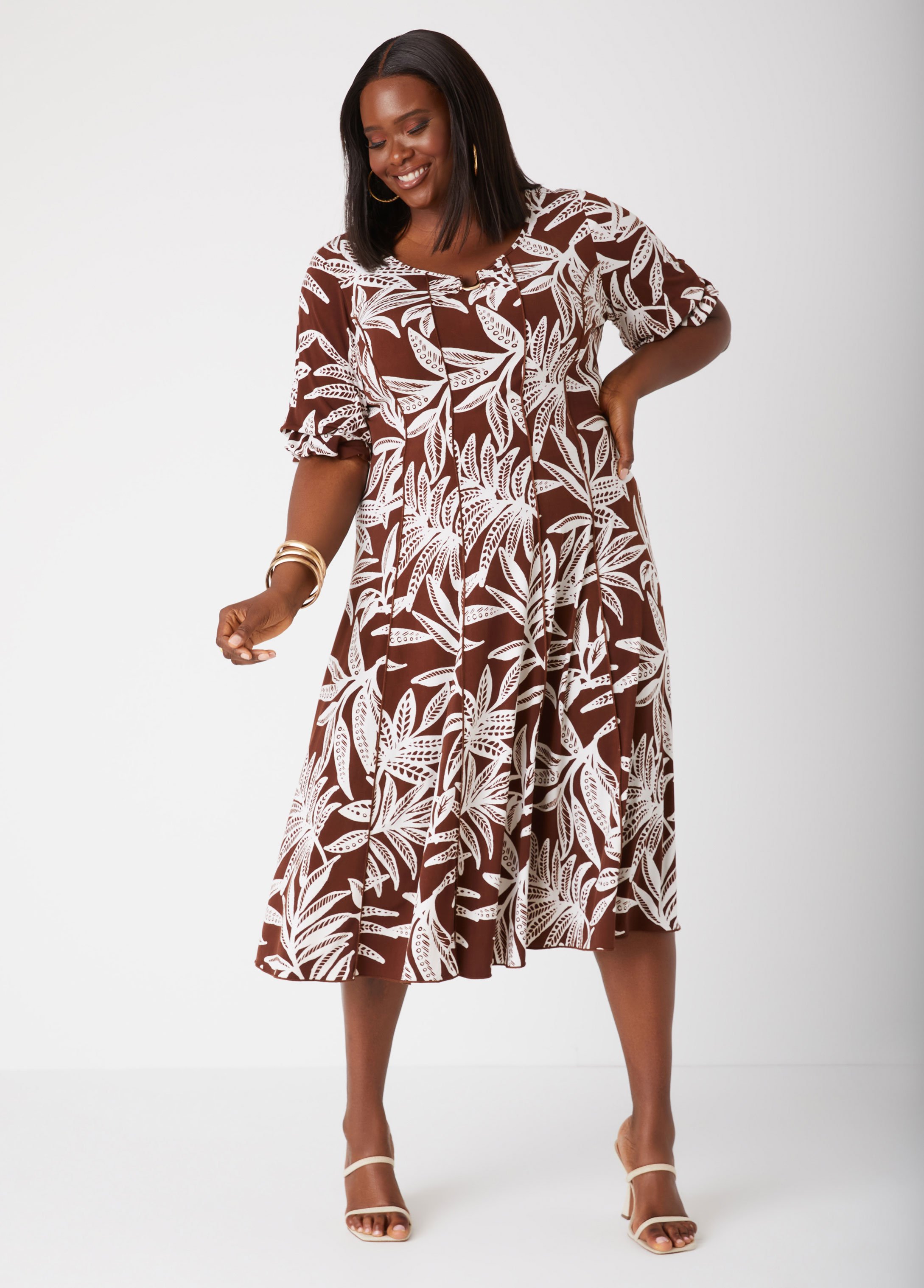 U Ring Tropical Print Midi Dress