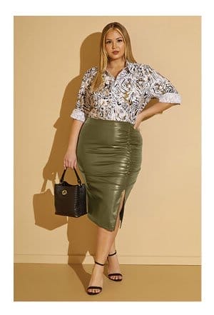 Ruched Split Faux Leather Skirt