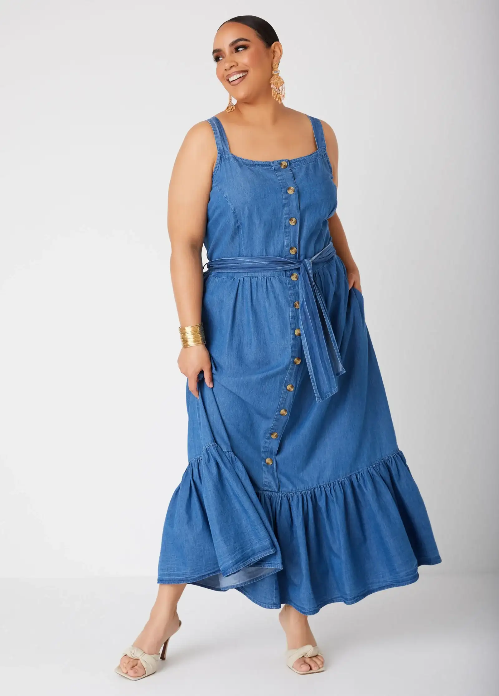 Flounced Chambray Maxi Dress