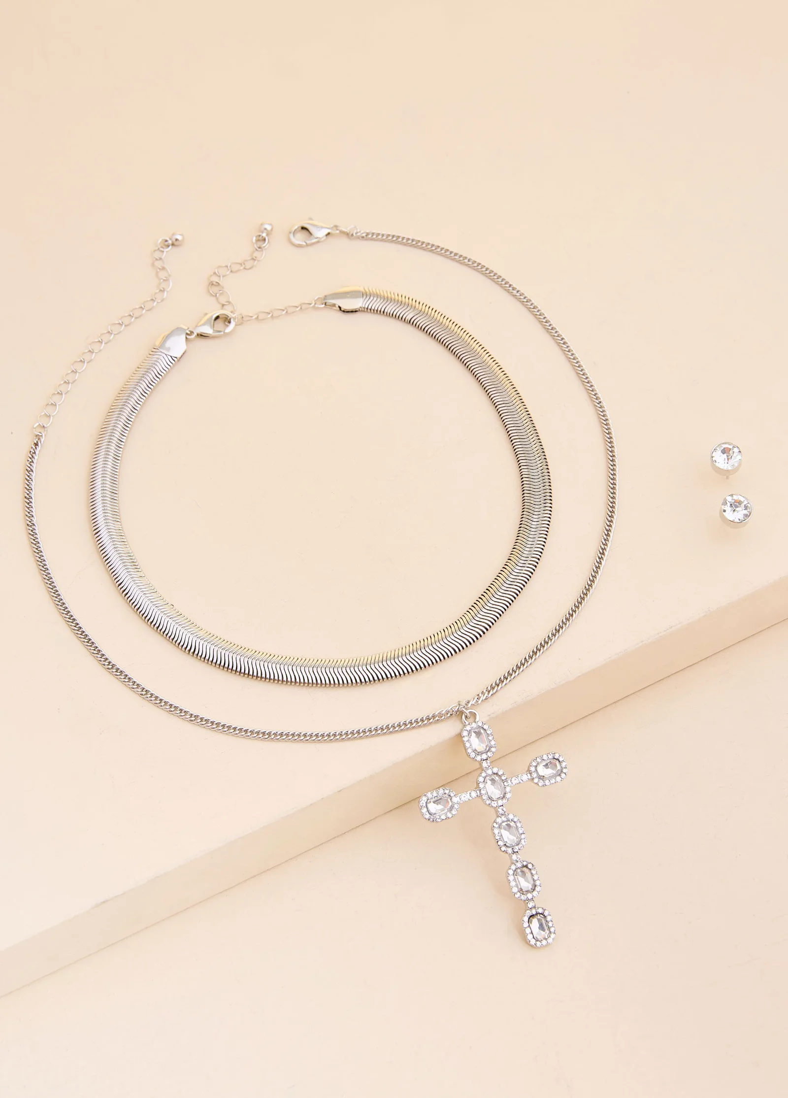Silver Tone Cross Necklace Set