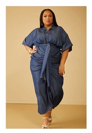 DK Rinse Draped Chambray Maxi Shirtdress