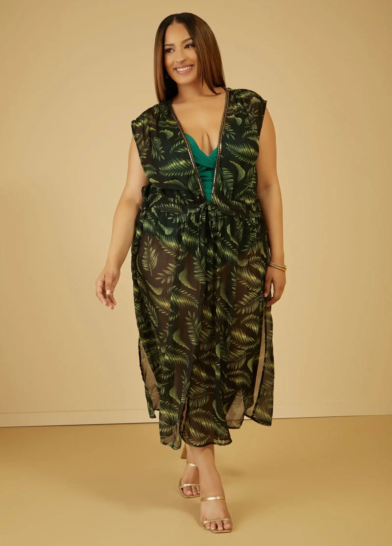 Embellished Leaf Print Cover Up