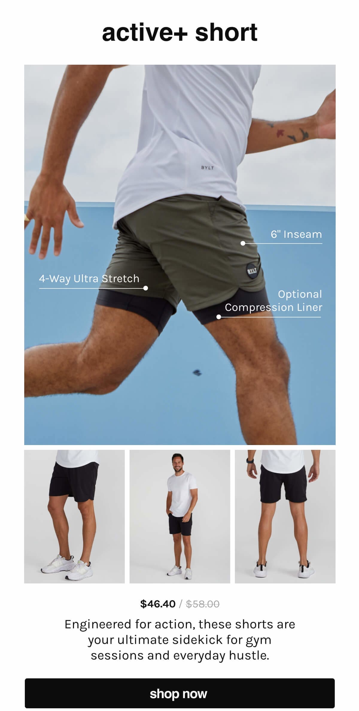 Active+ Short- 4-way Ultra Stretch; 6" Inseam; Breathable, Lightweight Fabric; Optional Compression Liner