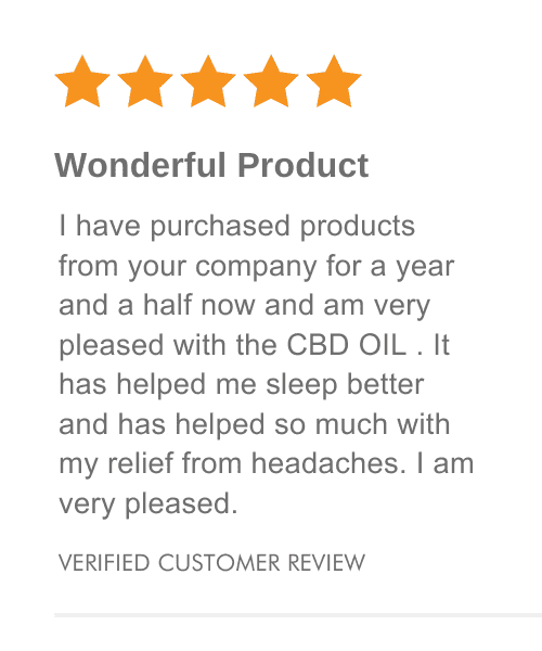 Wonderful Product I have purchased products from your company for a year and a half now and am very pleased with the CBD OIL . It has helped me sleep better and has helped so much with my relief from headaches. I am very pleased.